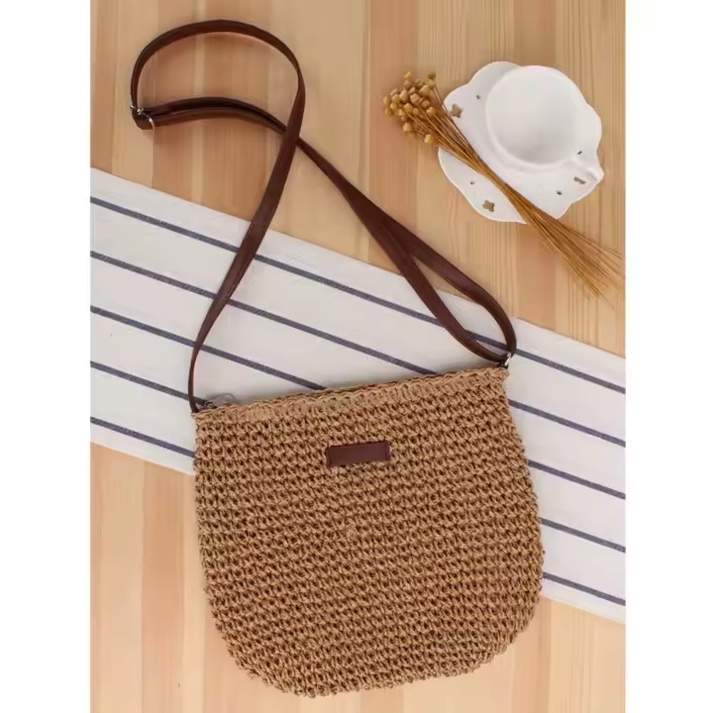 Summer Straw Beach Tote Bag Embroidered Striped