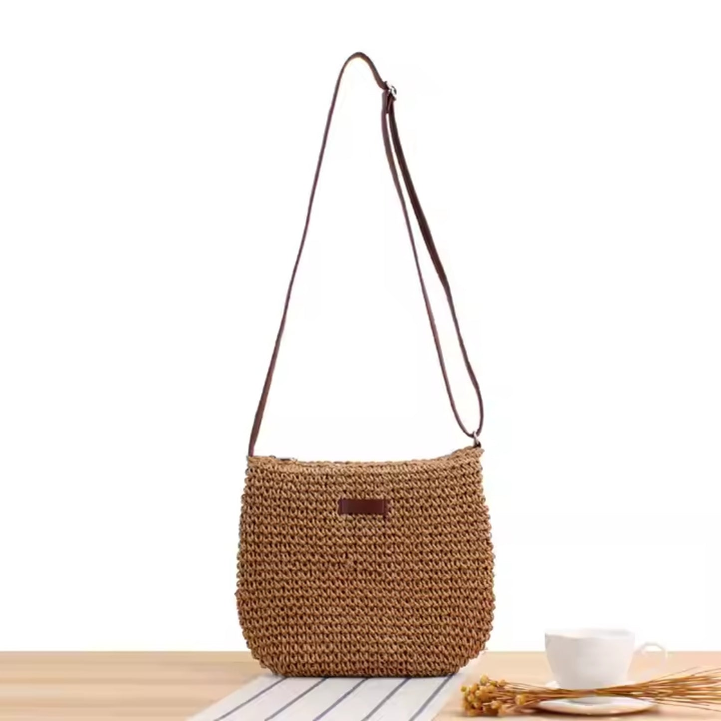 Summer Straw Beach Tote Bag Embroidered Striped