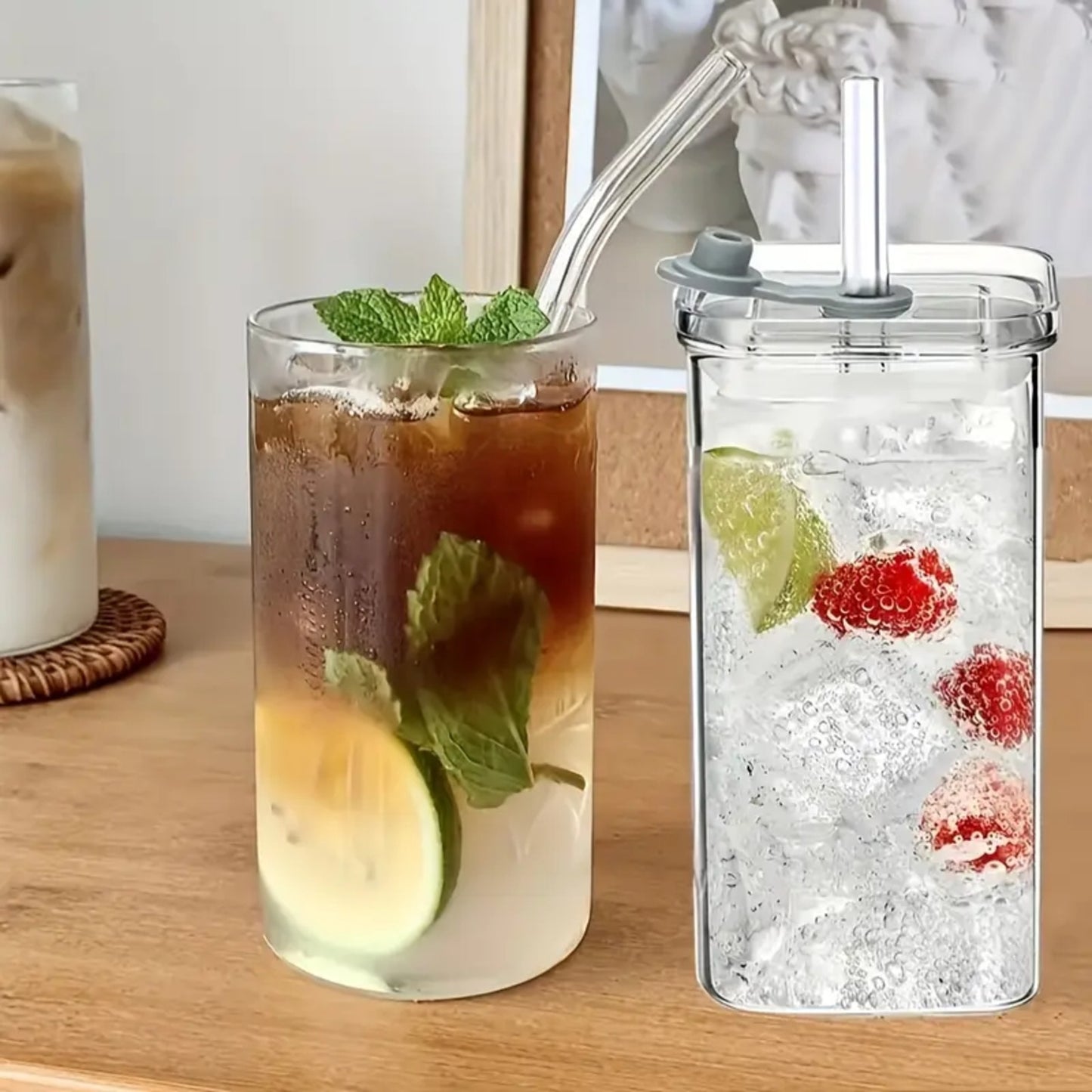 Drinking Glass Tumbler Set with Straws and Lids